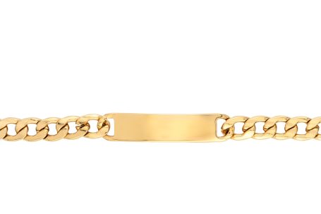 Goldene Kette mit flachem, schmalem Namensschild in der Mitte.