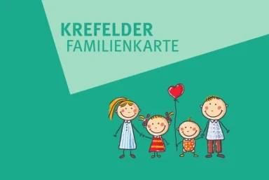 Lustige Zeichnung einer Familie mit einem Herzballon auf grünem Hintergrund.