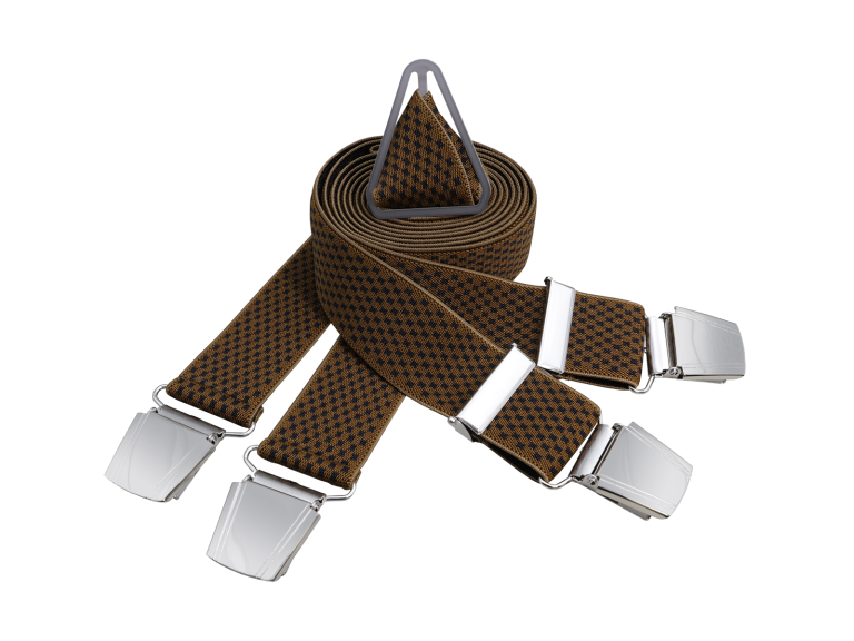 produktfotographie adler photographie fotostudio Braune Hosenträger aus elastischem Material mit silbernen Clips.