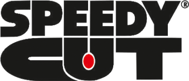 Logo von Speedy Cut mit schwarzer Schrift und rotem Punkt.
