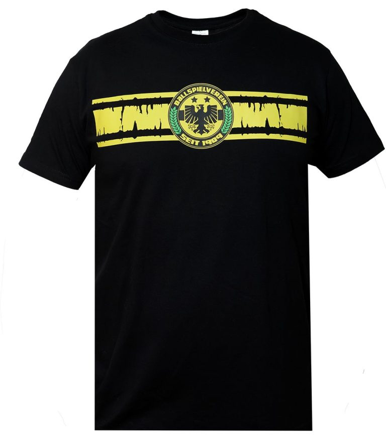 Produktfotos fotograf krefeld bsuiness Schwarzes T-Shirt mit gelber und grüner Grafik in der Mitte.