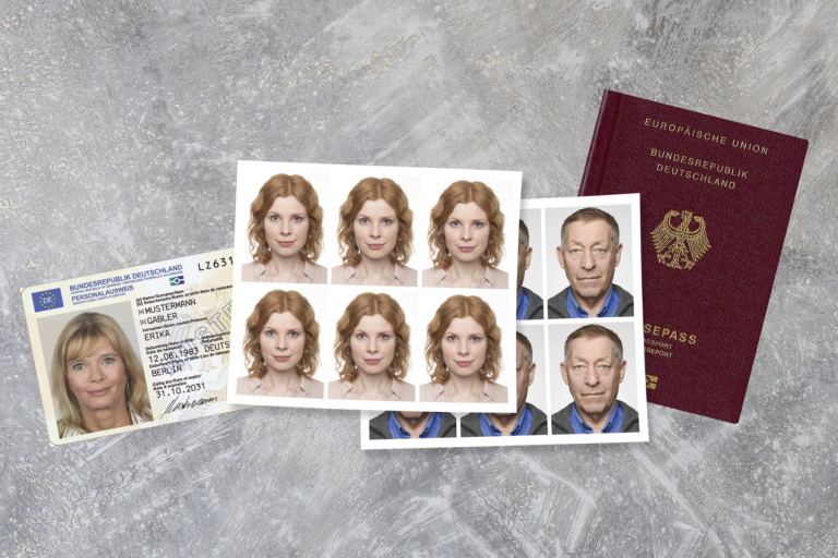 Passbild, Reisepass und Ausweis mit Fotos von zwei Personen auf neutralem Hintergrund.