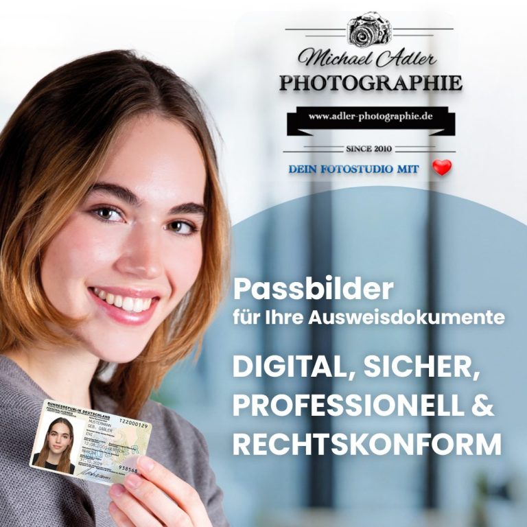 Adler Photographie Krefeld Frau lächelt und hält ein Ausweisfoto; Text über Passbilder für Dokumente.