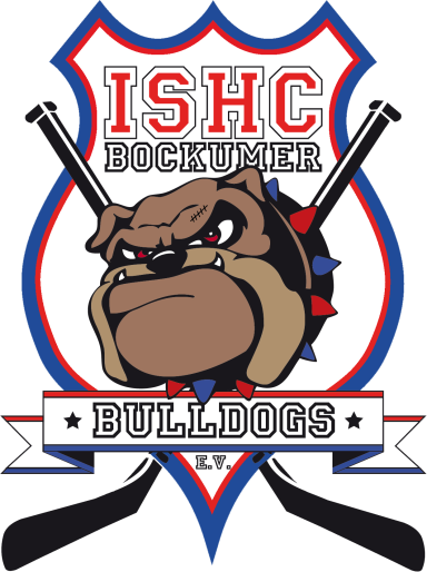 Logo der ISHC Bulldogs mit bulligem Hund und gekreuzten Schlägern in Blau-Rot-Design.